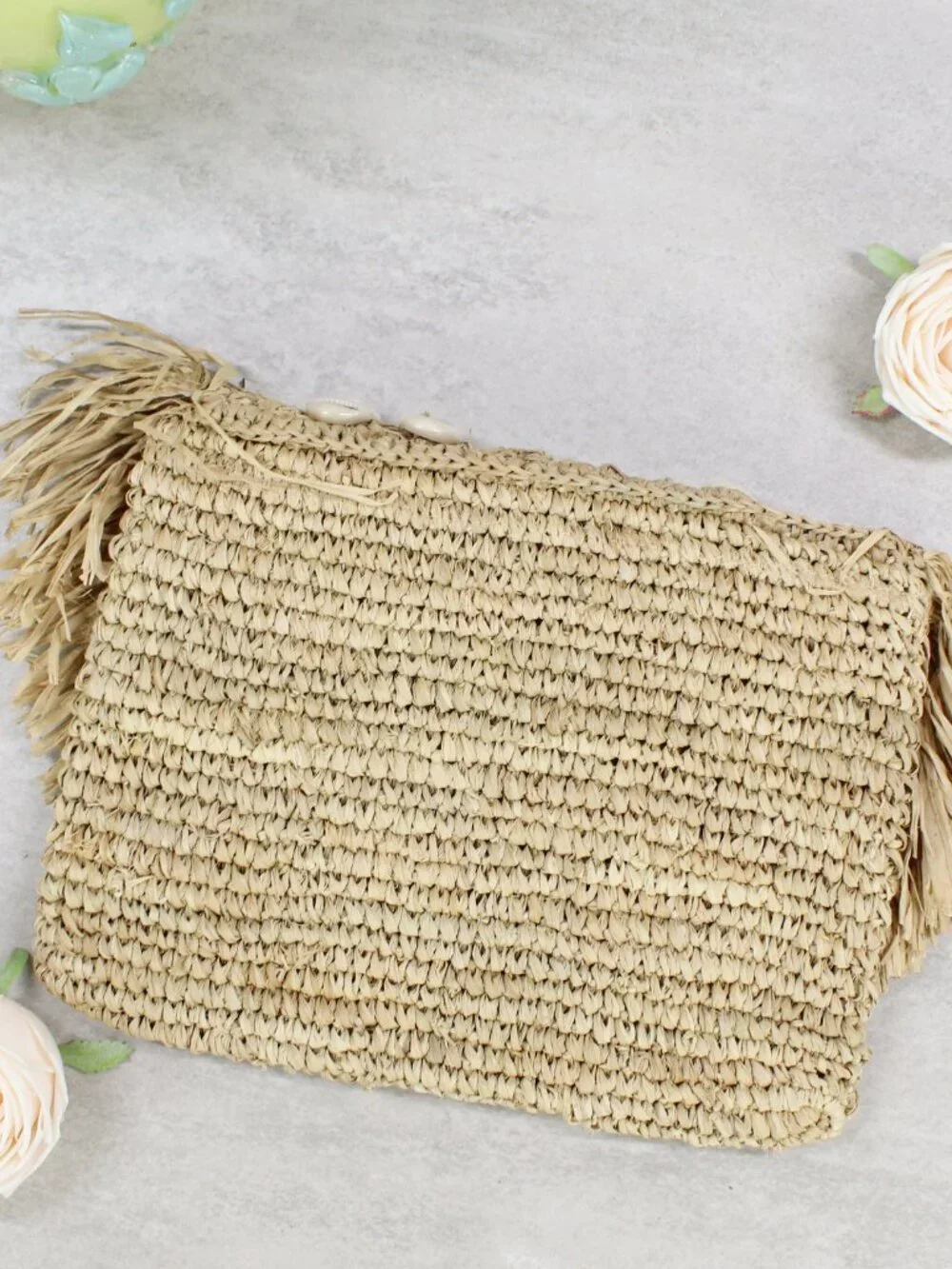 Handmade Boho Raffia Fringe Foldover Arc Clutch Bag with Seashells